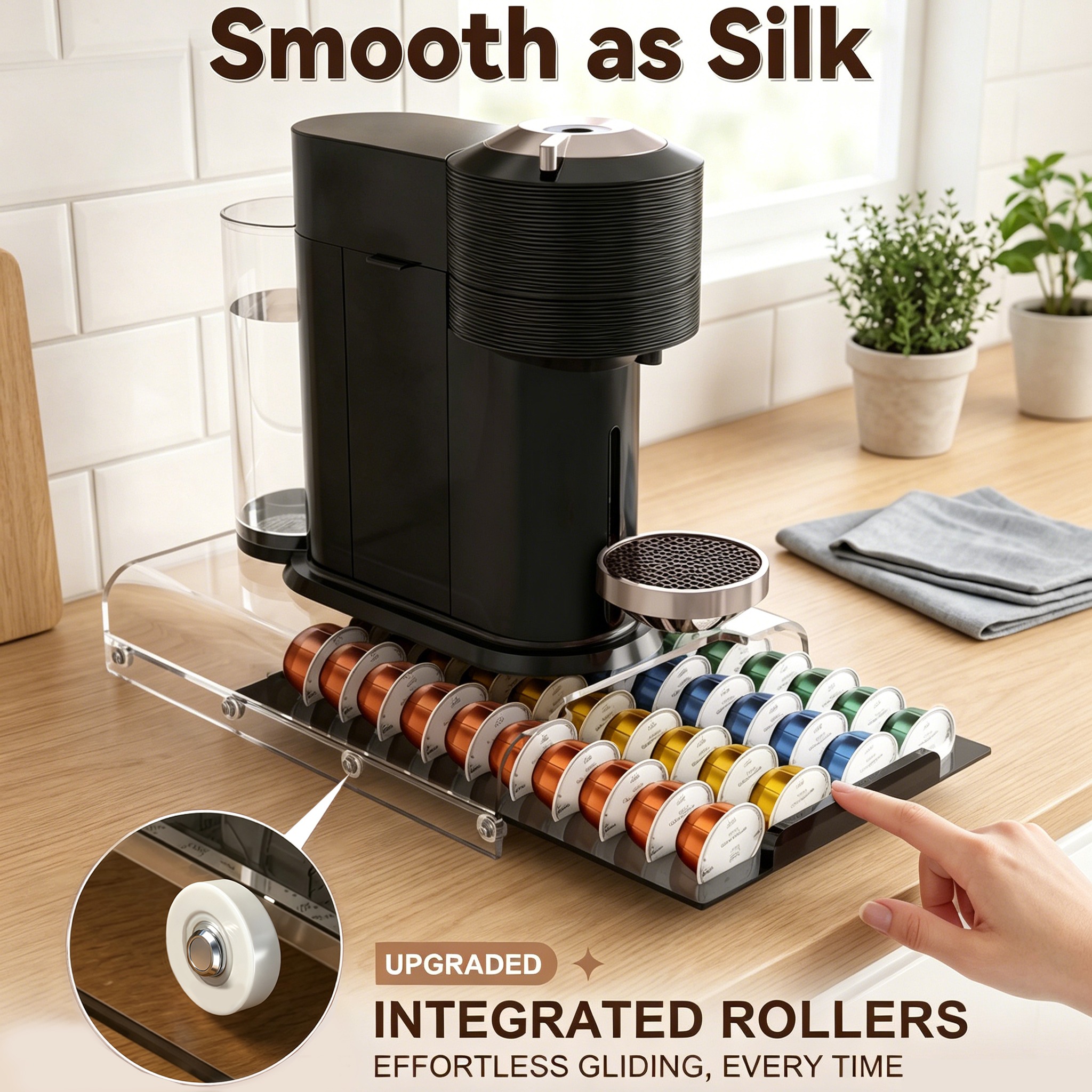 Integrated rollers coffee capsule organizer